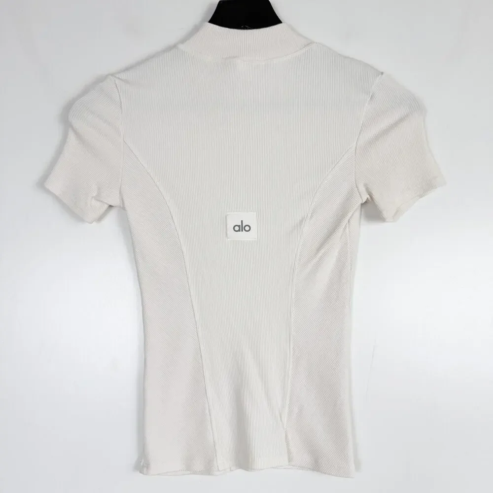 Alo Yoga Ribbed Mesmerize Short Sleeve Top Shirt Cream Mock Neck - XS